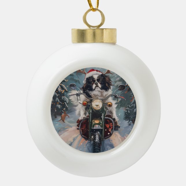 Japanese Chin Dog Riding Motorcycle Christmas Ceramic Ball Christmas Ornament (Front)