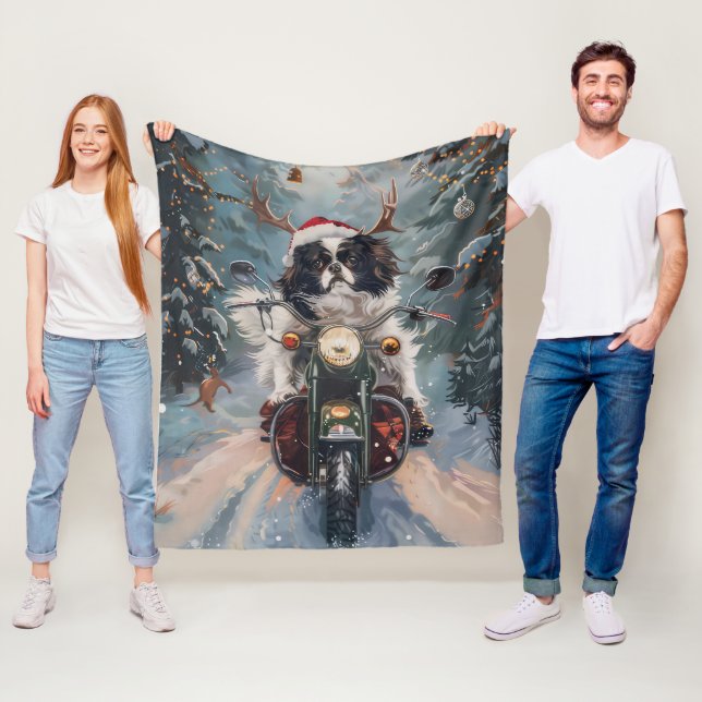 Japanese Chin Dog Riding Motorcycle Christmas Fleece Blanket (In Situ)