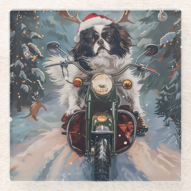 Japanese Chin Dog Riding Motorcycle Christmas Glass Coaster (Front)