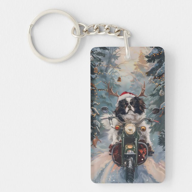 Japanese Chin Dog Riding Motorcycle Christmas Key Ring (Front)