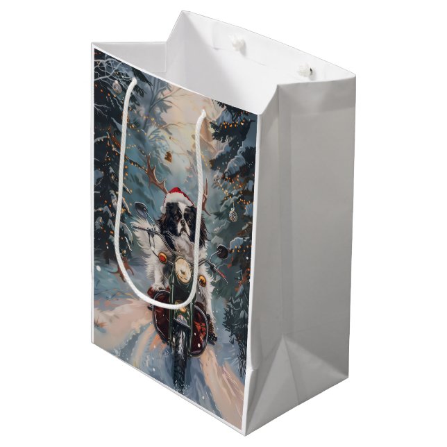 Japanese Chin Dog Riding Motorcycle Christmas Medium Gift Bag (Front Angled)
