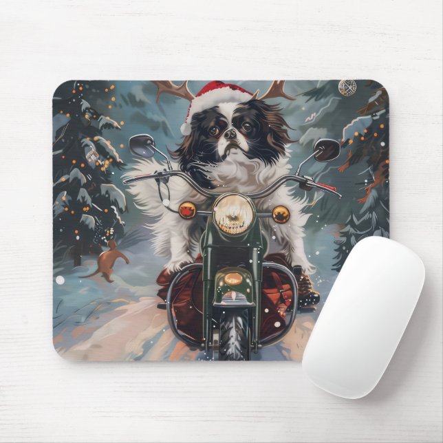 Japanese Chin Dog Riding Motorcycle Christmas Mouse Mat (With Mouse)