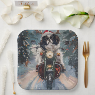 Japanese Chin Dog Riding Motorcycle Christmas Paper Plate
