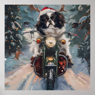 Japanese Chin Dog Riding Motorcycle Christmas Poster