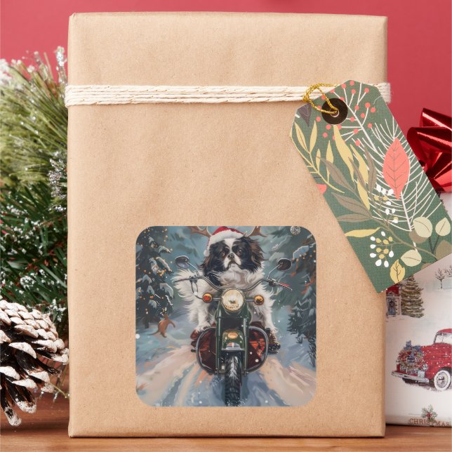 Japanese Chin Dog Riding Motorcycle Christmas Square Sticker (Holiday)