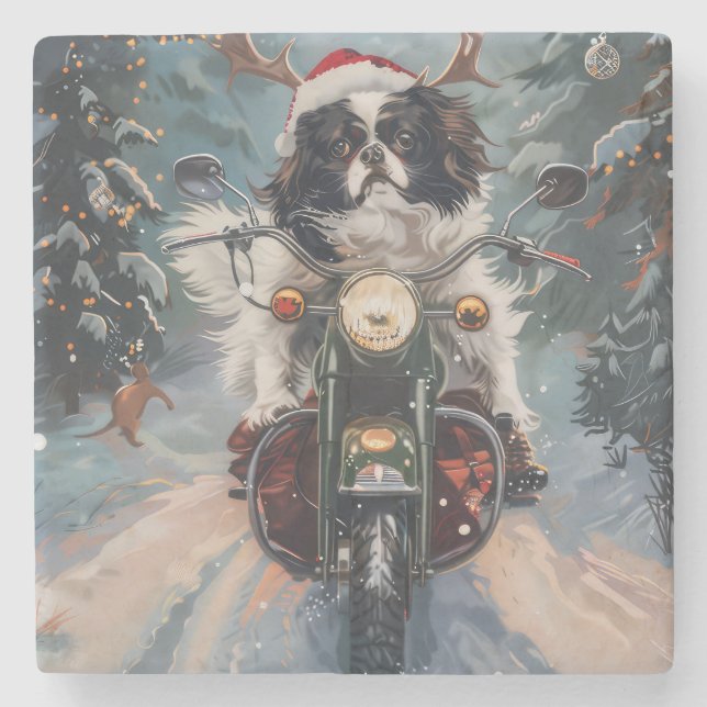 Japanese Chin Dog Riding Motorcycle Christmas Stone Coaster (Front)