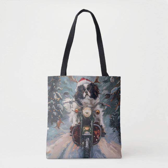 Japanese Chin Dog Riding Motorcycle Christmas Tote Bag (Front)