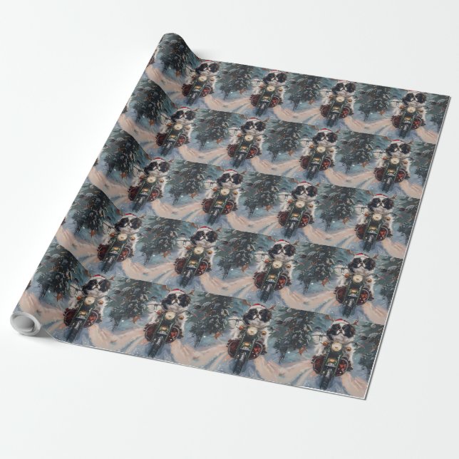 Japanese Chin Dog Riding Motorcycle Christmas Wrapping Paper (Unrolled)