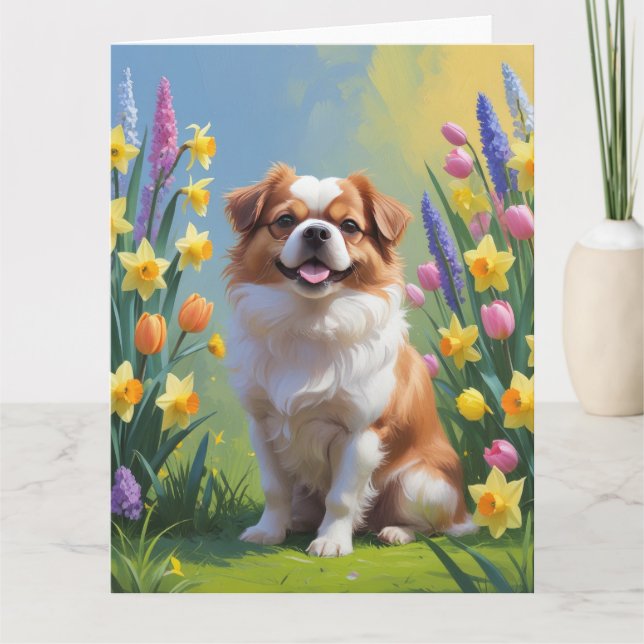 Japanese Chin Dog Spring Flowers Painting Card (Front)