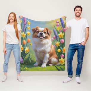 Japanese Chin Dog Spring Flowers Painting Fleece Blanket