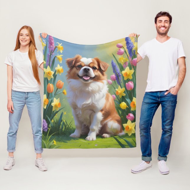 Japanese Chin Dog Spring Flowers Painting Fleece Blanket (In Situ)