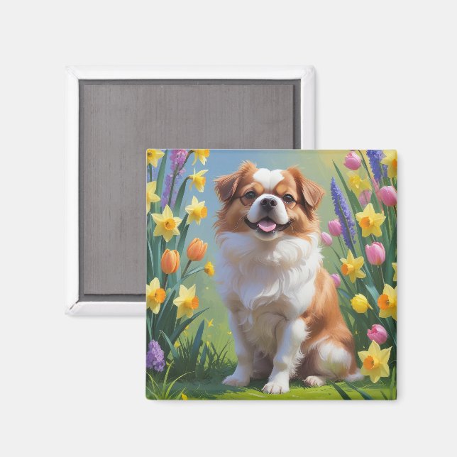 Japanese Chin Dog Spring Flowers Painting Magnet (Front/Back)