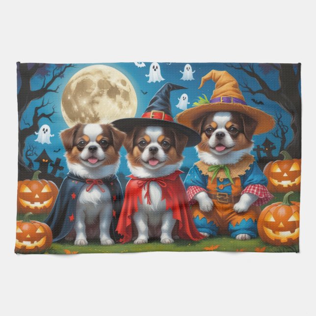 Japanese Chin Dogs Pumpkin Halloween Funny Tea Towel (Horizontal)