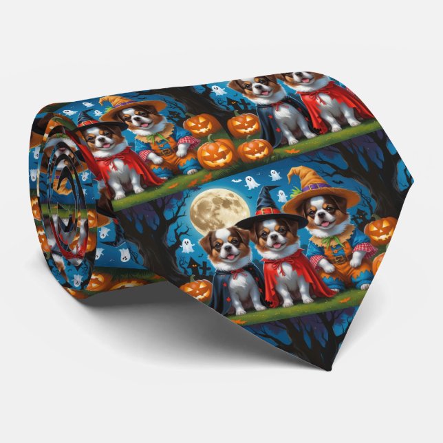 Japanese Chin Dogs Pumpkin Halloween Funny Tie (Rolled)
