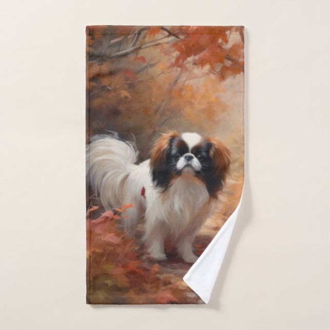 Japanese Chin in Autumn Leaves Fall Inspire Bath Towel Set (Hand Towel)