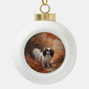 Japanese Chin in Autumn Leaves Fall Inspire Ceramic Ball Christmas Ornament