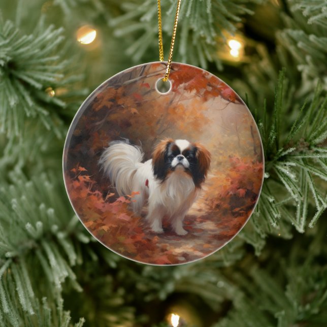 Japanese Chin in Autumn Leaves Fall Inspire Ceramic Tree Decoration (Tree)