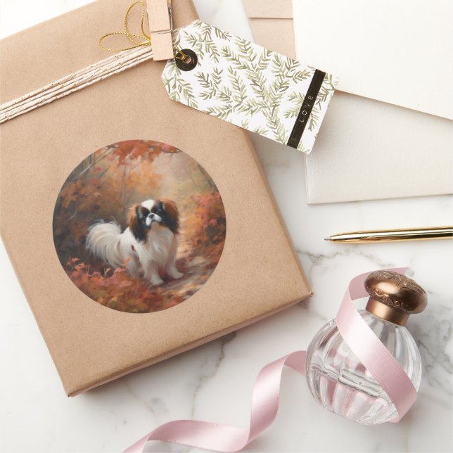 Japanese Chin in Autumn Leaves Fall Inspire Classic Round Sticker (Gifting)