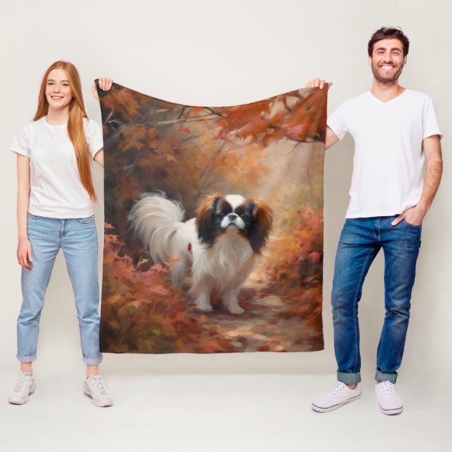 Japanese Chin in Autumn Leaves Fall Inspire Fleece Blanket (In Situ)