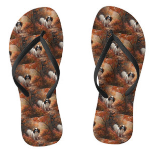 Japanese Chin in Autumn Leaves Fall Inspire Flip Flops