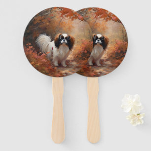 Japanese Chin in Autumn Leaves Fall Inspire Hand Fan