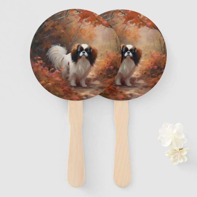 Japanese Chin in Autumn Leaves Fall Inspire Hand Fan (Front and Back)
