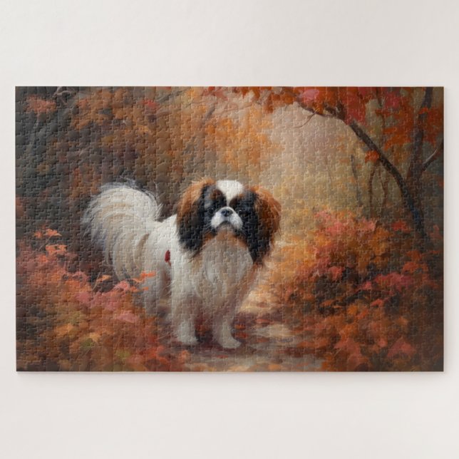 Japanese Chin in Autumn Leaves Fall Inspire Jigsaw Puzzle (Horizontal)