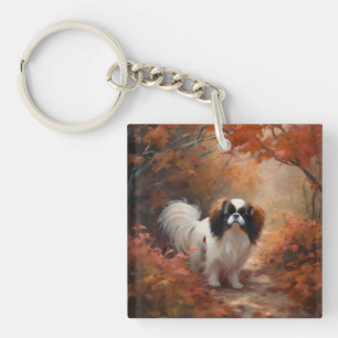 Japanese Chin in Autumn Leaves Fall Inspire Key Ring
