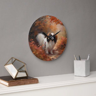 Japanese Chin in Autumn Leaves Fall Inspire Large Clock