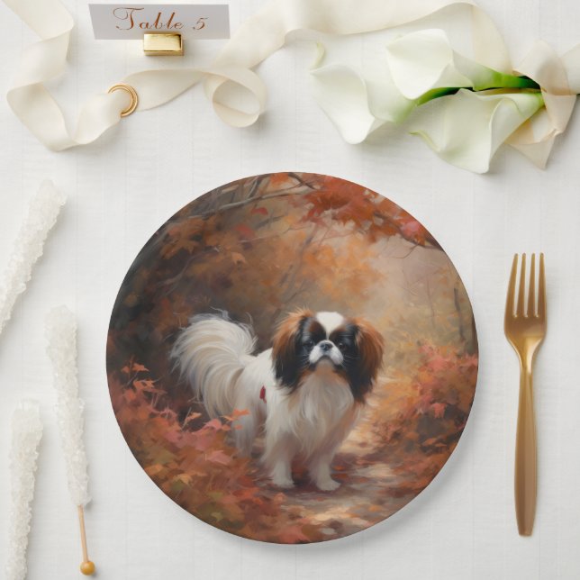 Japanese Chin in Autumn Leaves Fall Inspire Paper Plate (Wedding)