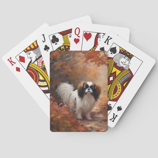 Japanese Chin in Autumn Leaves Fall Inspire Playing Cards (Back)