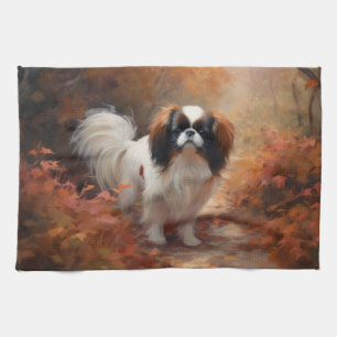 Japanese Chin in Autumn Leaves Fall Inspire Tea Towel