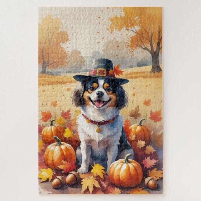 Japanese Chin In Autumn Leaves Thanksgiving Art Jigsaw Puzzle (Vertical)