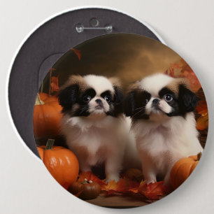 Japanese Chin Puppy Autumn Delight Pumpkin  6 Cm Round Badge