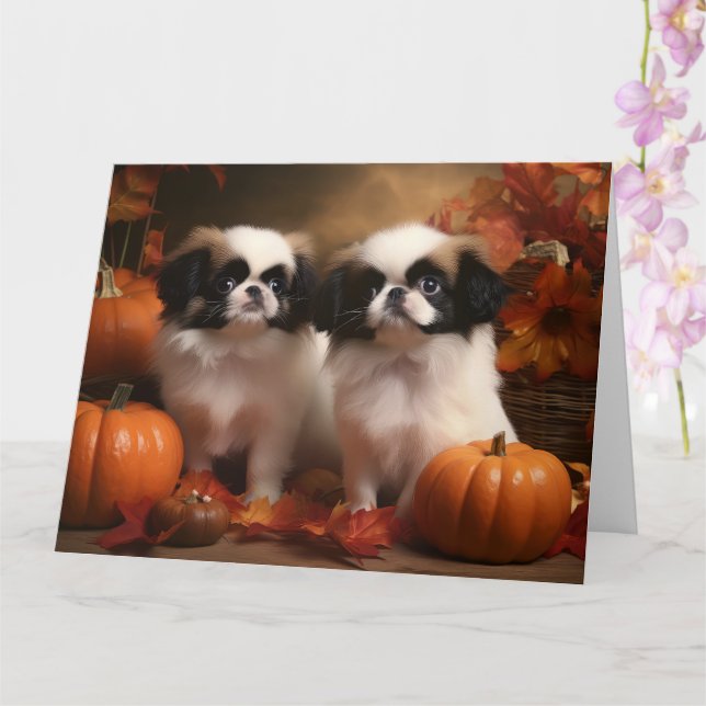 Japanese Chin Puppy Autumn Delight Pumpkin  Card (Orchid)