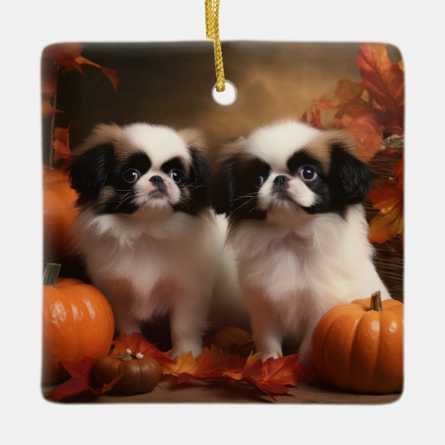 Japanese Chin Puppy Autumn Delight Pumpkin  Ceramic Ornament (Front)