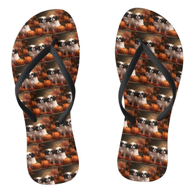 Japanese Chin Puppy Autumn Delight Pumpkin  Flip Flops (Footbed)