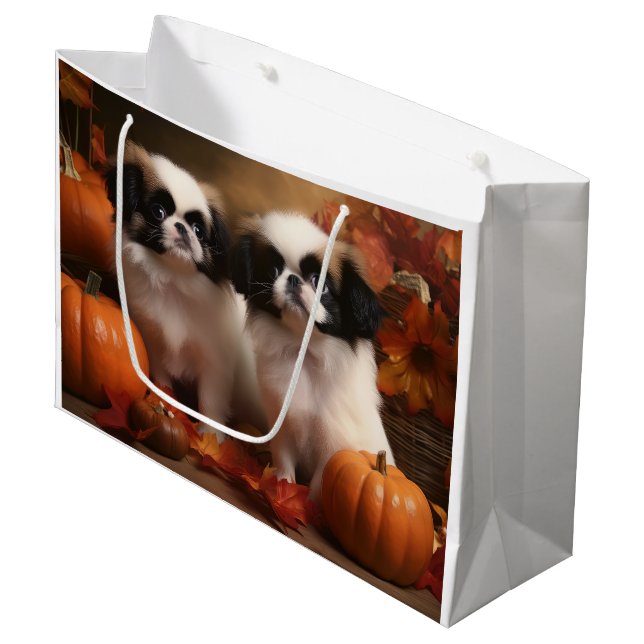 Japanese Chin Puppy Autumn Delight Pumpkin  Large Gift Bag (Front Angled)