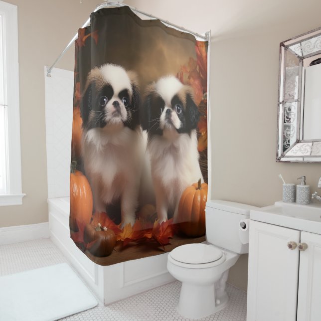 Japanese Chin Puppy Autumn Delight Pumpkin  Shower Curtain (In Situ)