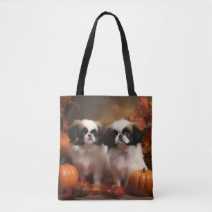 Japanese Chin Puppy Autumn Delight Pumpkin Tote Bag