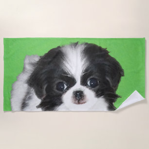 Japanese Chin Puppy Painting - Original Dog Art Beach Towel