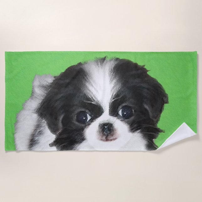 Japanese Chin Puppy Painting - Original Dog Art Beach Towel (Front)