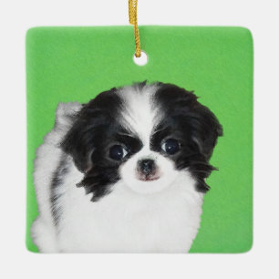 Japanese Chin Puppy Painting - Original Dog Art Ceramic Ornament