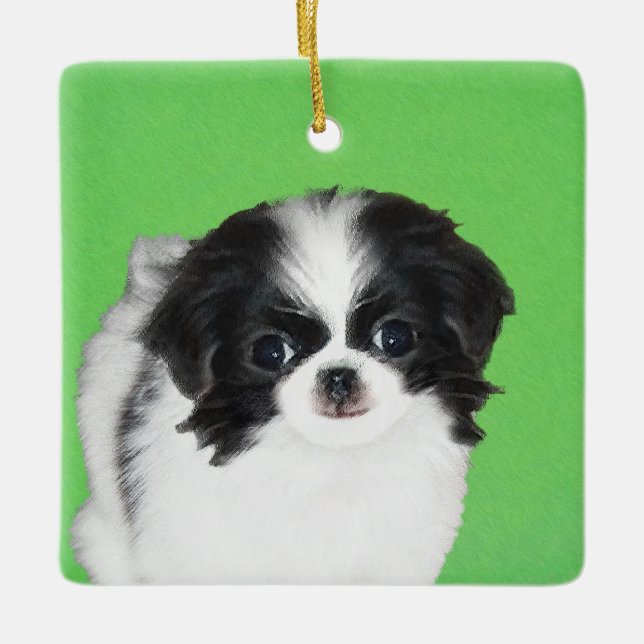 Japanese Chin Puppy Painting - Original Dog Art Ceramic Ornament (Front)