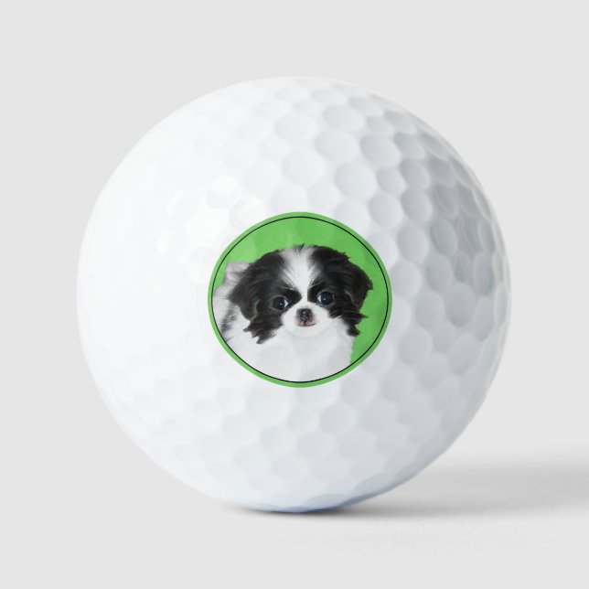 Japanese Chin Puppy Painting - Original Dog Art Golf Balls (Front)