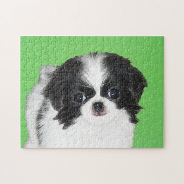 Japanese Chin Puppy Painting - Original Dog Art Jigsaw Puzzle (Horizontal)