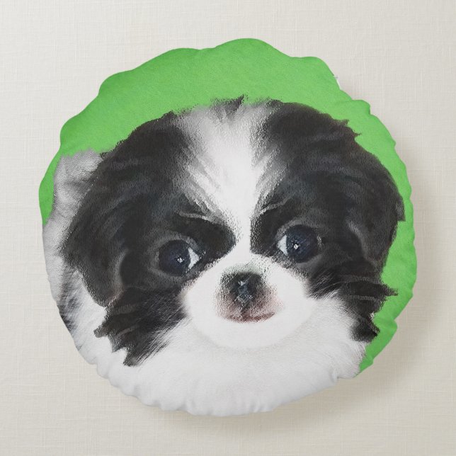 Japanese Chin Puppy Painting - Original Dog Art Round Cushion (Back)