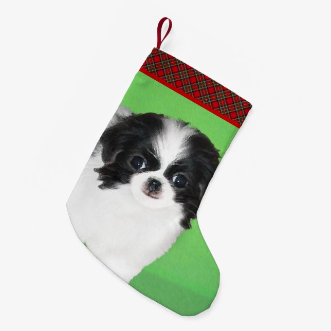 Japanese Chin Puppy Painting - Original Dog Art Small Christmas Stocking (Front (Hanging))