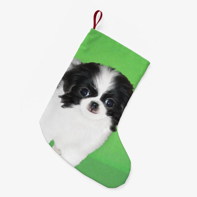 Japanese Chin Puppy Painting - Original Dog Art Small Christmas Stocking (Front (Hanging))