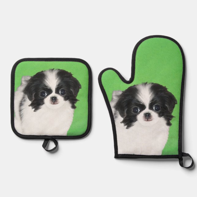 Japanese Chin Puppy Painting Original Pet Dog Art Oven Mitt & Pot Holder Set (Front)
